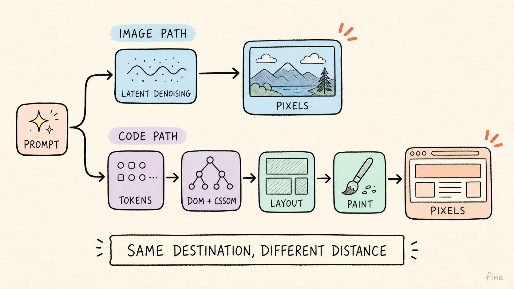 暖米色对比图：PROMPT 卡片分叉为 IMAGE PATH 和 CODE PATH，IMAGE PATH 经 LATENT DENOISING 到 PIXELS，CODE PATH 经 TOKENS、DOM + CSSOM、LAYOUT、PAINT 才到 PIXELS；底部注释 SAME DESTINATION, DIFFERENT DISTANCE。