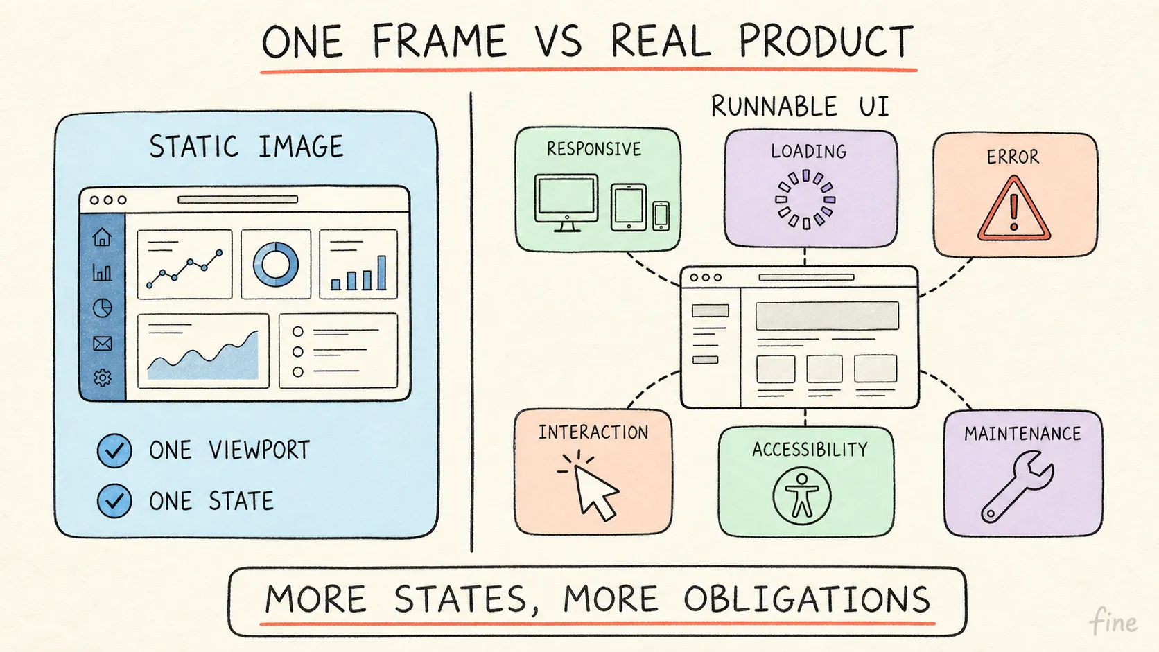 对比图：左侧蓝面板标题 STATIC IMAGE，一张仪表盘标注 ONE VIEWPORT 和 ONE STATE；右侧标题 RUNNABLE UI，浏览器连向六张卡片 RESPONSIVE、LOADING、ERROR、INTERACTION、ACCESSIBILITY、MAINTENANCE；底部注释 MORE STATES, MORE OBLIGATIONS。